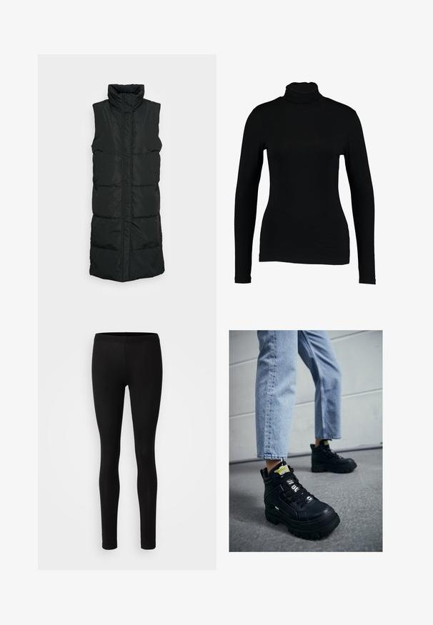 Chaleco acolchado sin mangas de color negro con cuello alto, que presenta un diseño acolchado, cierre frontal con cremallera y dos bolsillos laterales. Tejido suave y brillante.; Top negro de manga larga con cuello alto hecho de tela suave, con un diseño ajustado y un cuello alto, adecuado para usar en capas o como prenda independiente.; Leggings negros hechos de una tela suave y elástica. Tienen un ajuste ceñido con una cintura elástica y una textura suave y mate.; Zapatillas altas negras con suela gruesa, con diseño de cordones, acentos de logo y etiquetas amarillas. Combinadas con unos vaqueros cortos de color azul claro.