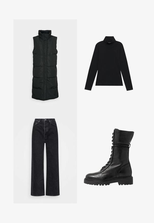 Veste sans manches noire en doudoune avec col haut, présentant un design matelassé, une fermeture éclair à l'avant et deux poches latérales. Tissu lisse et brillant.; Turtleneck à manches longues noir. Tissu doux, design près du corps, col montant et coutures latérales. Style simple et polyvalent, idéal pour le superposition.; Jean large noir en denim, avec une taille haute, un design à cinq poches et une fermeture éclair avec bouton.; Bottes de combat en cuir noir avec une finition texturée, design montant jusqu'au genou, fermeture à lacets à l'avant et semelle en caoutchouc épaisse avec un motif strié.