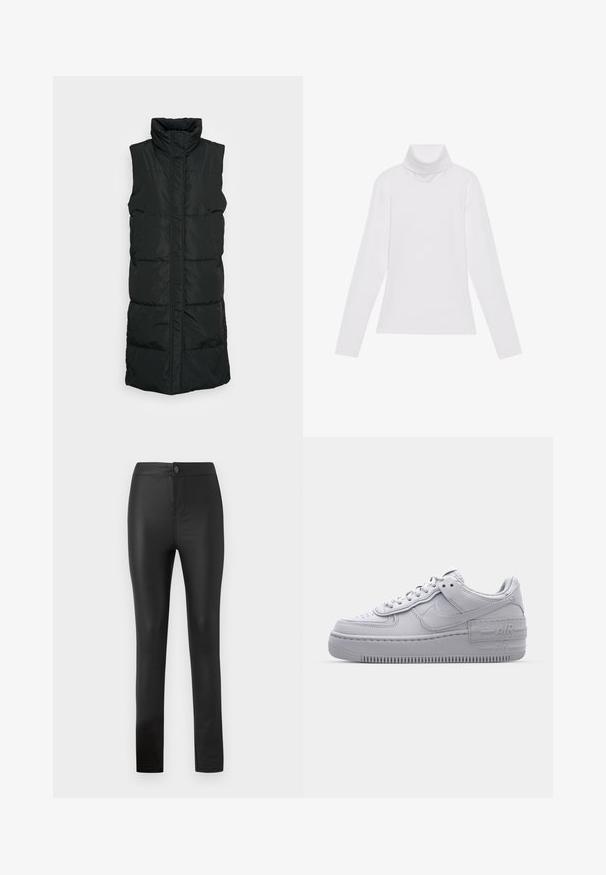 Zwarte mouwloze puffer vest met hoge kraag, voorzien van een gequilte design, ritssluiting aan de voorkant en twee zijzakken. Glad, glanzend materiaal.; Witte lange mouw turtleneck top gemaakt van glad, elastisch materiaal. Voorzien van een hoge kraag en een getailleerd ontwerp, zonder zichtbare patronen of versieringen.; Zwarte legging gemaakt van rekbaar, glad materiaal met een aansluitend ontwerp, voorzien van een voorknop en ritssluiting, en rechte pijpen.; Grijze Nike Air Force 1 sneaker met geperforeerde neus, glad leren bovenwerk, dikke zool en verhoogde 'AIR' details op de hiel.