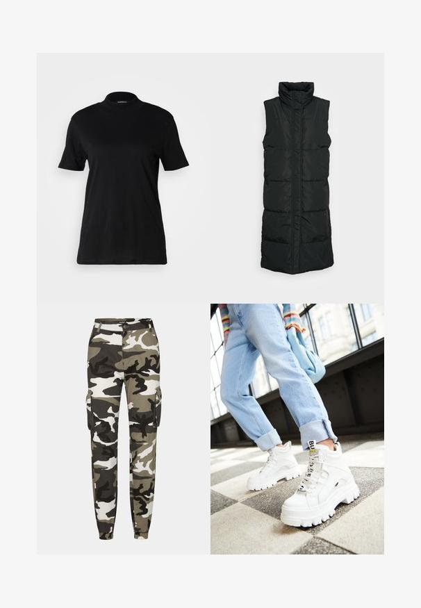 Zwarte mouwloze puffer vest met hoge kraag, voorzien van een gequilte design, ritssluiting aan de voorkant en twee zijzakken. Glad, glanzend materiaal.; Zwart t-shirt met korte mouwen en een hoge hals, gemaakt van gladde katoenen stof. Eenvoudig ontwerp zonder zichtbare patronen of graphics.; Camo cargo broeken in schakeringen van groen, zwart en wit; voorzien van elastische manchetten en zijzakken voor opslag.; Witte chunky sneakers met dikke zolen, veter-sluiting aan de voorkant en een merketiket. Draagt met lichtblauwe opgerolde jeans op een patroonvloer.