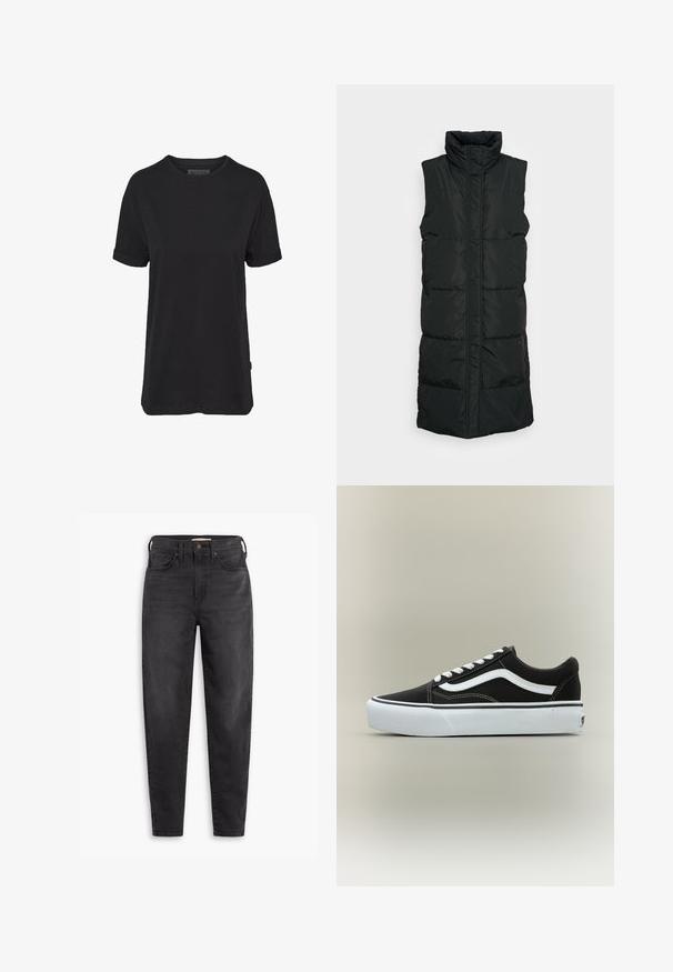 Veste sans manches noire en doudoune avec col haut, présentant un design matelassé, une fermeture éclair à l'avant et deux poches latérales. Tissu lisse et brillant.; T-shirt en coton noir à manches courtes, col rond et manches retroussées ; présente une étiquette de marque subtile sur l'ourlet latéral.; Jean slim taille haute noir avec poches avant et arrière, fermeture à bouton et passants de ceinture, présentés sur un fond blanc.; Baskets basses noires avec bande blanche latérale, lacets blancs, semelle en caoutchouc blanche et bout texturé sur fond neutre.