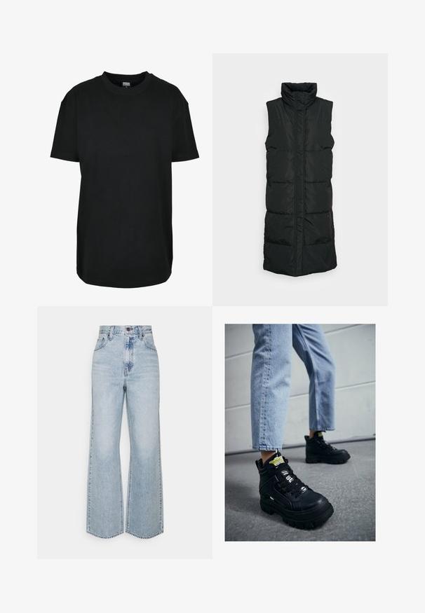 Schwarze ärmellose Steppweste mit hohem Kragen, ausgestattet mit einem gesteppten Design, Frontreißverschluss und zwei Seitentaschen. Glattes, glänzendes Material.; Schwarzes T-Shirt mit kurzen Ärmeln und Rundhalsausschnitt in Größe XS mit dem Etikett "Urban Classics" innen am Kragen.; Helle blaue Jeans im weiten Schnitt mit hoher Taille, klassischem Fünf-Taschen-Design und kontrastierenden Nähten. Unfinished Saum am unteren Ende.; Schwarze High-Top-Sneaker mit einer dicken Sohle, mit Schnürdesign, Logo-Akzenten und gelben Etiketten. Tragen mit hellblauen, gekürzten Jeans.