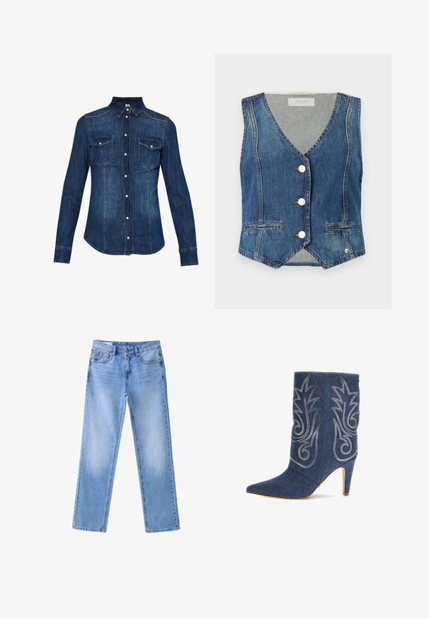 Gilet en denim bleu moyen avec un col en V, une fermeture à boutons argentés et deux poches ouvertes. Présente des coutures contrastées et une taille légèrement raccourcie.; Chemise en denim bleu foncé, avec une fermeture à boutons à l'avant, un col pointu et deux poches sur la poitrine avec rabat. Manches longues avec poignets boutonnés.; Jean denim bleu clair à jambes droites avec bouton devant, fermeture éclair et design à cinq poches sur fond blanc.; Bottine en denim avec un bout pointu, un design incurvé, des coutures décoratives argentées et un talon aiguille de 8 cm. Bleu foncé avec une finition texturée.