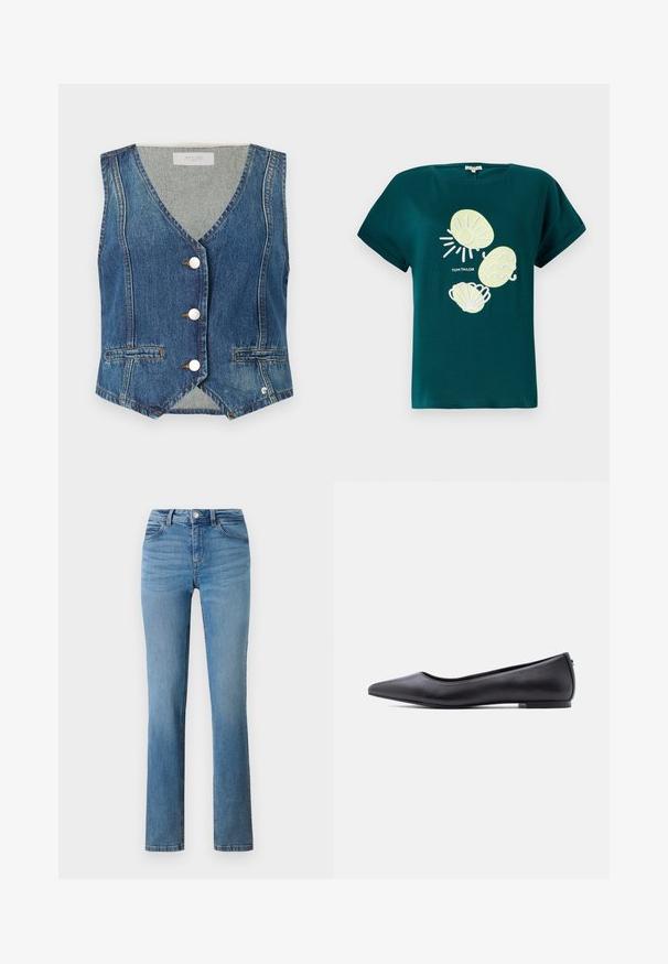 Denimvest i mellemblå med v-hals, sølvknaplukning og to åbne lommer. Har kontrasterende syninger og en let cropped kant.; Tyg i teal med grafik af en sol og muslinger i lys gul og hvid, med en afslappet pasform og optrukne ærmer.; Lyseblå denimjeans med lige ben, forsynet med lynlås, knaplukning og syede lommer foran og bagpå.; Sort flad lædersko med spidst tåparti og lav hæl, vist i sideprofil mod en hvid baggrund.