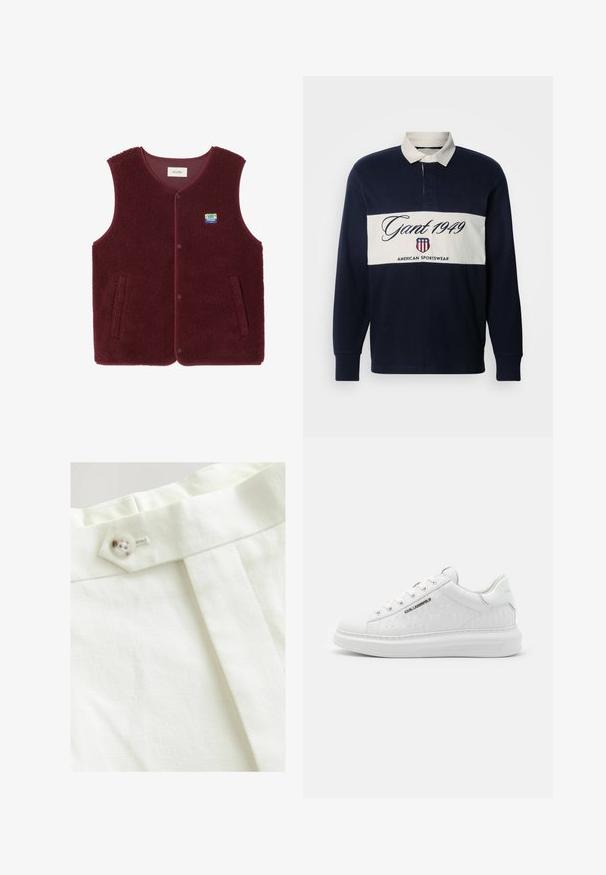 Burgundy fleece vest met een gestructureerde oppervlakte, ronde hals, twee zijzakken en knoopsluiting. Beschikt over een multicolore logo patch.; Marineblauwe polo met lange mouwen en witte kraag en horizontale witte band. Bevat het "Gant 1949" logo en American Sportswear merknaam. Gemaakt van een katoenmix.; Witte stof met een gladde textuur, voorzien van een enkele knoopsluiting, een geplooid ontwerp en nette stikdetails.; Witte sneaker van glad leer met een reliëfpatroon. Heeft een ronde neus, vetersluiting aan de voorkant, en een textuurzool. Zilveren logo detail aan de zijkant.