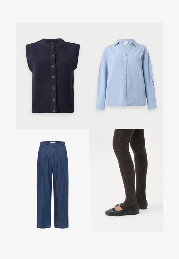 Cárdigan sin mangas de un oscuro tono azul marino con un escote redondo, que presenta seis botones negros en el centro y detalles de ribete en el dobladillo. Textura suave.; Camisa azul claro de manga larga con cuello, seis botones blancos y un corte holgado sobre un fondo liso.; Pantalones de mezclilla azul de pierna ancha y cintura alta, con pliegues delanteros, trabillas para cinturón y cierre de cremallera oculto.; Piernas con leggings oscuros acanalados combinados con bailarinas negras que presentan pequeños detalles de lazo sobre un fondo blanco.