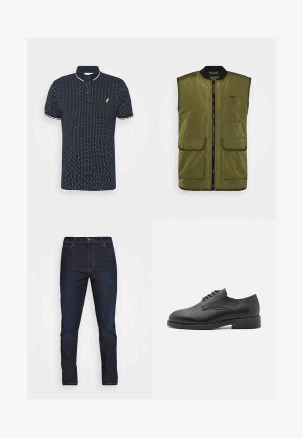 Chaleco sin mangas de color verde oliva, hecho de material suave y ligero. Presenta una cremallera frontal, dos bolsillos delanteros y un escote redondo.; Polo navy con un pequeño patrón de puntos blancos, mangas cortas, acentos blancos en el cuello y los puños, y un logo amarillo en el pecho.; Vaqueros de denim azul oscuro con un corte ajustado, cinco bolsillos y cierre de botón. Presentan costuras en contraste y una textura suave.; Zapato oxford de cuero negro con punta redonda, que presenta un acabado suave, cierre de cordones con cinco ojales y un tacón bajo apilado.