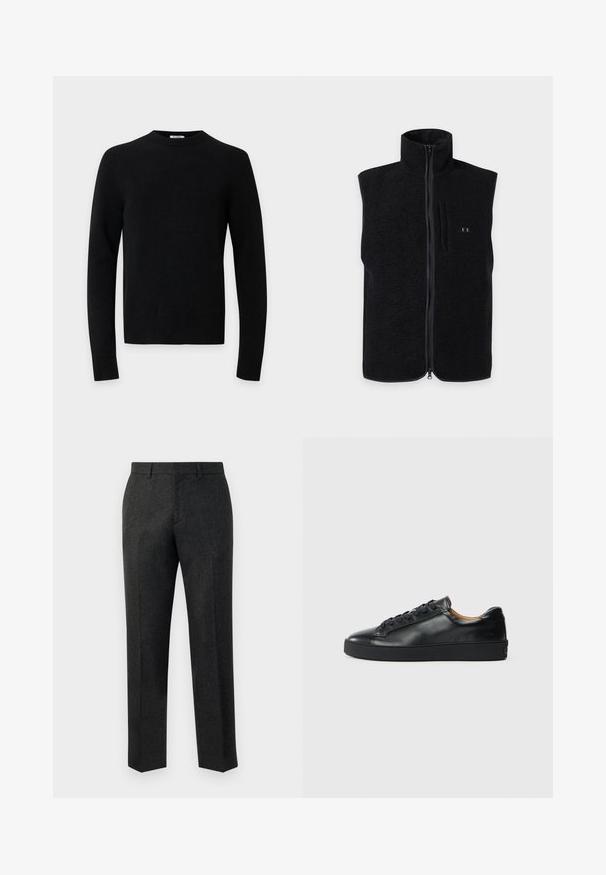 Chaleco negro sin mangas de forro polar con cuello alto, cremallera frontal y pequeño bolsillo en el pecho con cremallera en el lado derecho.; Jersey negro de manga larga con cuello redondo, dobladillo y puños acanalados sobre un fondo liso de color gris claro.; Pantalones oscuros gris oscuro a medida, confeccionados con una tela texturizada. Diseño de pierna recta con un frente plano y un sutil detalle de costura en la cintura.; Zapatilla negra de cuero con una textura suave, puntera redonda y cierre de cordones. Presenta una suela de goma gruesa y un detalle de marca mínimo.