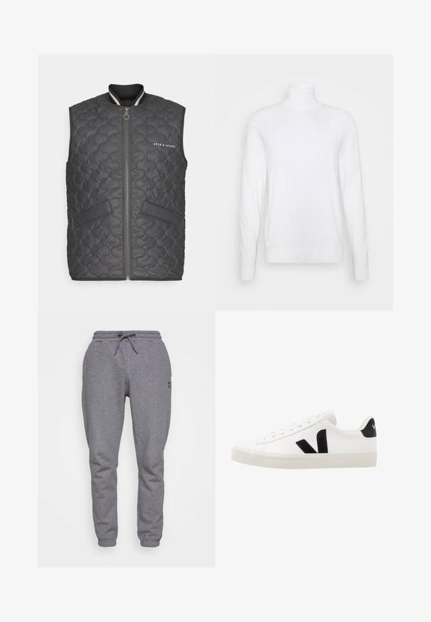 Grå quiltet vest med lynlås, ribbet krave, to frontlommer og subtilt logo. Har rundede syninger og en glat tekstur.; Hvid turtleneck sweater med lange ærmer, lavet af glat stof. Har et tætsiddende design og ribbede manchetter og kant. Ingen mønstre eller accenter.; Grå bomulds sweatpants med elastisk talje, snøre, sidelommer og et lille gult logo på låret. Tapered ben design.; Hvide lædersneakers med sorte ruskindsdetaljer; har en gummisål, rund tå og klassisk snørebåndsdesign. Side logo i sort.