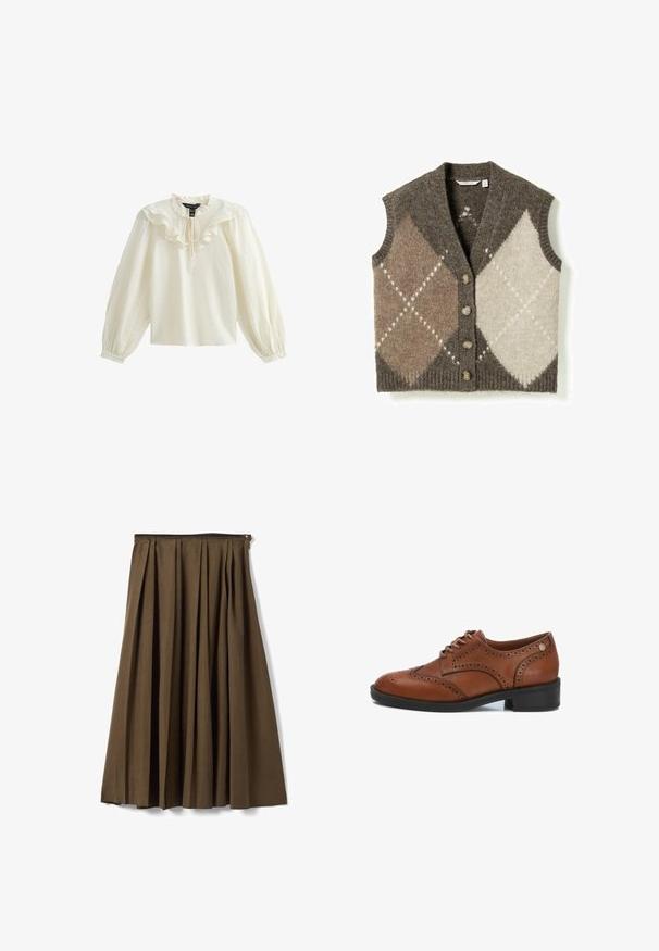 Chaleco de punto marrón sin mangas con grandes patrones argyle en beige y crema, y cuatro botones marrones en la parte delantera.; Blusa blanca de manga larga con escote con volantes y textura suave; presenta un lazo en el cuello y mangas abullonadas fruncidas.; Falda midi plisada marrón con cintura alta y cierre lateral de cremallera, mostrada sobre un fondo blanco.; Zapatos de cordones de piel marrón con detalles perforados, puntera redondeada y tacón de goma negra. Presentan una textura suave y un diseño discreto.