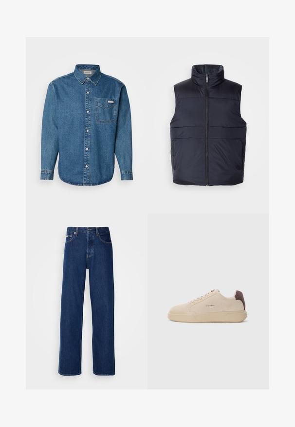 Tumedat sinise värvi puffervest kõrge kraega ja ees oleva lukuga, millel on sile, kergelt läikiv tekstuur ja horisontaalsed õmblused.; Sinine denim'ist pikkade varrukatega särk, millel on nööbid alla, rinnaeet ja kontrastne õmblus. Kanga tekstuur on sile ja stiil on juhuslik.; Tumedat sinised teksapüksid laia säärega, millel on nupulehe ja klassikaline viie taskuga stiil. Kangas on sileda tekstuuriga.; Beige nabukist kingad ümmarguse nina, paeltega esiosas ja pruuni nabukist aktsendiga kanna osas. Omab tekstuuriga kummist tallat.