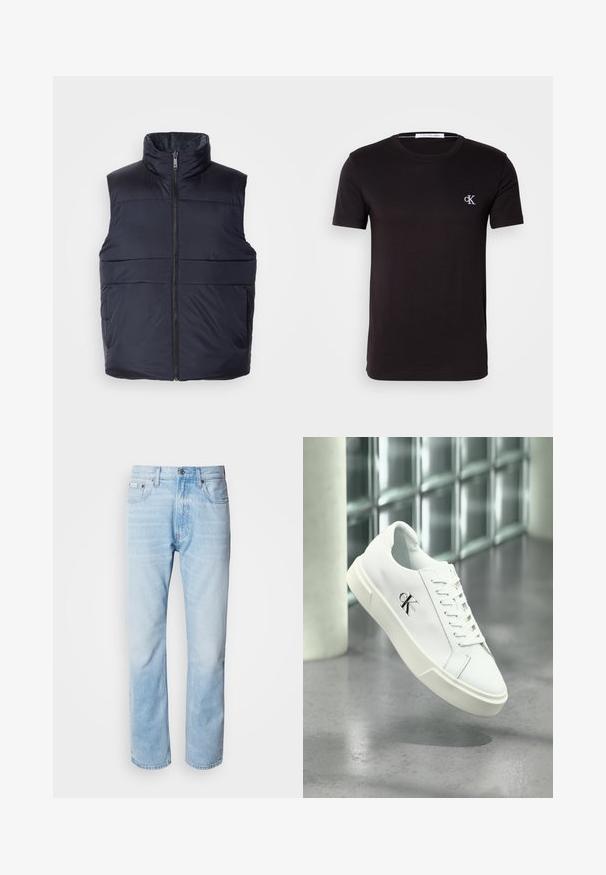 Navy blå dunvest med høj krave og forknebet lynlås, der har en glat, let glansende overflade og vandrette syninger.; Sort t-shirt med korte ærmer og rund hals med lille hvidt "cK" logo på venstre bryst og Calvin Klein Jeans mærkat inde i kraven.; Lyseblå denimjeans med lige ben, har slidte sektioner, fem lomme-design og en klassisk knapåbning.; Hvid Calvin Klein sneaker med snørebånd, vist svævende over en poleret betongulv og en baggrund af glasblokke.