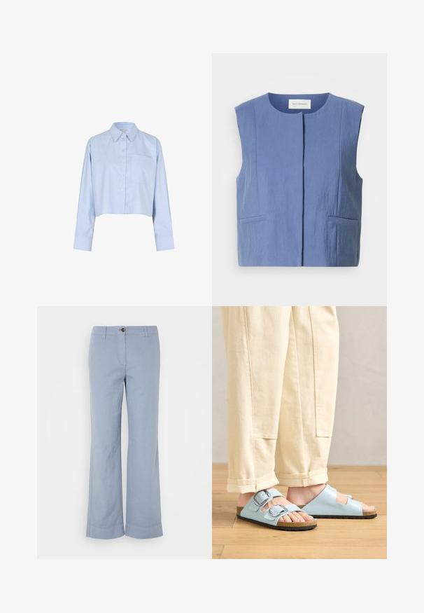 Chaleco azul sin mangas con escote redondo, cierre frontal oculto y dos bolsillos laterales de ojal sobre fondo blanco.; Camisa cropped de botones en azul claro con mangas largas, cuello de punta y un bolsillo en el pecho.; Pantalones de lino azul claro con pierna recta, cierre de botón y dobladillo vuelto. Textura suave, diseñados para uso casual.; Sandalias de punta abierta en azul claro con doble hebilla, plantilla de corcho y suela de goma negra, combinadas con unos pantalones de pierna ancha en color crema.