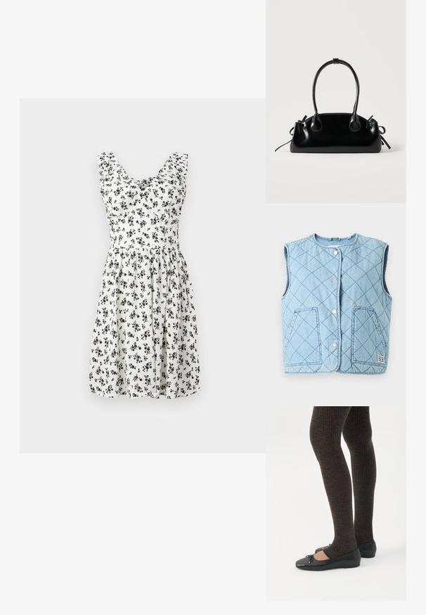 Chaleco acolchado azul claro con escote redondeado, botones de presión, dos bolsillos delanteros y un parche con el logo en la parte inferior derecha.; Vestido floral blanco con mini flores negras, diseño sin mangas, corpiño fruncido y falda acampanada. Tejido suave con una textura fluida.; Piernas con leggings oscuros acanalados combinados con bailarinas negras que presentan pequeños detalles de lazo sobre un fondo blanco.; Pequeño bolso negro brillante con dos asas largas y detalles de cordón lateral sobre un fondo claro liso.