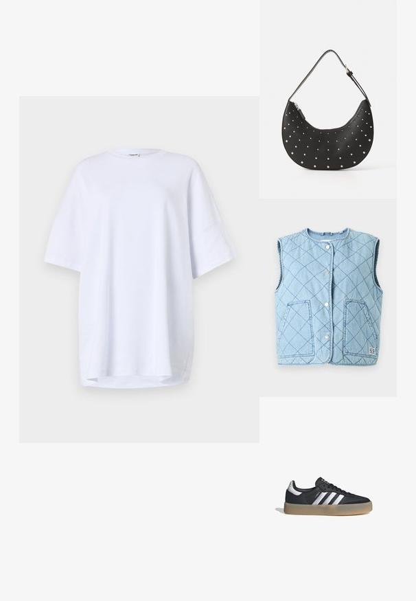 Chaleco acolchado azul claro con escote redondeado, botones de presión, dos bolsillos delanteros y un parche con el logo en la parte inferior derecha.; Camiseta blanca de algodón de manga corta y corte oversize. Cuello redondo, aberturas laterales en el dobladillo y textura suave sin patrones o acentos visibles.; Zapatilla deportiva de cuero negro con tres rayas plateadas, punta texturizada y suela de goma. Cuenta con un collar acolchado y un diseño con cordones.; Bolso de mano de cuero negro con forma curva, adornado con tachuelas plateadas, cuenta con cierre de cremallera y una sola correa ajustable.