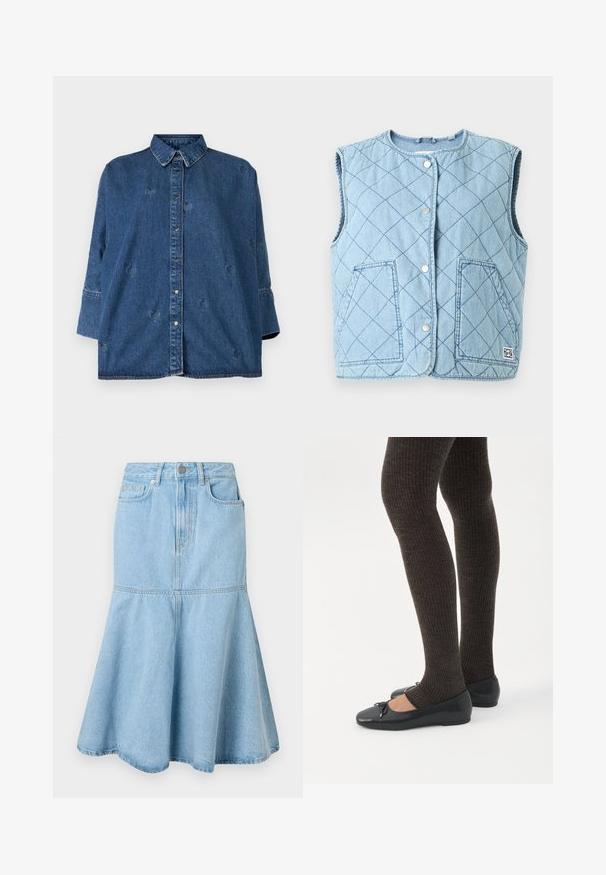 Lyseblå quiltet vest med rundet udskæring, trykknapper, to forlommer og et logopatch nederst til højre.; Denimskjorte med klassisk krave, blå farve, oversized pasform og dekorative hjerteformede udsparinger. Har trykknapper og lange ærmer.; Lyselilla denimnederdel med en flagrende bund, der har en tætsiddende talje, lommer og subtile syninger.; Ben iført mørke ribbede leggings kombineret med sorte balletsko med små sløjfedetaljer på hvid baggrund.