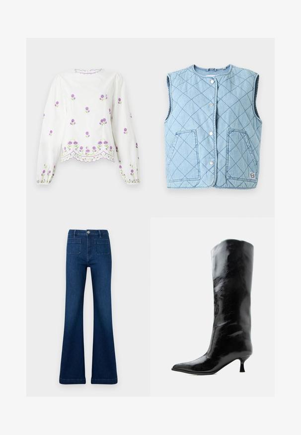Chaleco acolchado azul claro con escote redondeado, botones de presión, dos bolsillos delanteros y un parche con el logo en la parte inferior derecha.; Blusa blanca con mangas largas y abullonadas. Presenta bordado floral en color púrpura y un dobladillo con forma de onda. Tejido texturizado con un acabado suave.; Jeans acampanados de color azul oscuro fabricados en mezclilla, con una cintura alta, dos bolsillos traseros y costuras en contraste a lo largo de las costuras.; Bota negra de cuero brillante hasta la rodilla con punta puntiaguda y tacón bajo curvado sobre un fondo claro y liso.