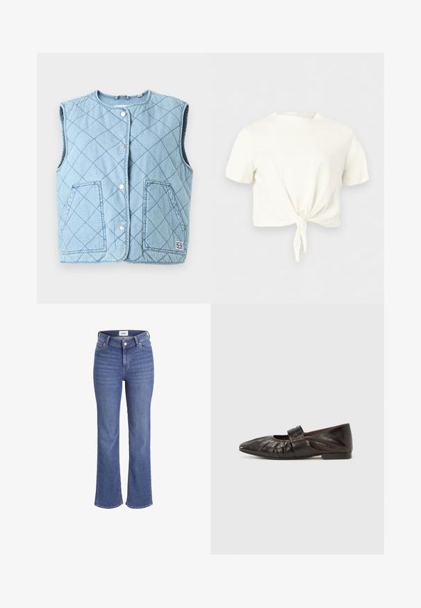 Hellblau gesteppte Weste mit rundem Ausschnitt, Druckknöpfen, zwei Fronttaschen und einem Logoaufnäher unten rechts.; Weißes kurzärmliges Crop-Top mit Rundhalsausschnitt und vorderem Knoten-Detail vor einfarbigem hellem Hintergrund.; Dunkelblaue Denim-Jeans mit hoher Taille, weitem Bein und einem traditionellen Fünf-Taschen-Design. Merkmale sind sichtbare Nähte und ein vorderer Knopfverschluss.; Brauner flacher Lederschuh mit spitzer Zehenpartie, geraffter Textur vorne und einem breiten Riemen über dem Mittelfuß mit dekorativer Hardware.