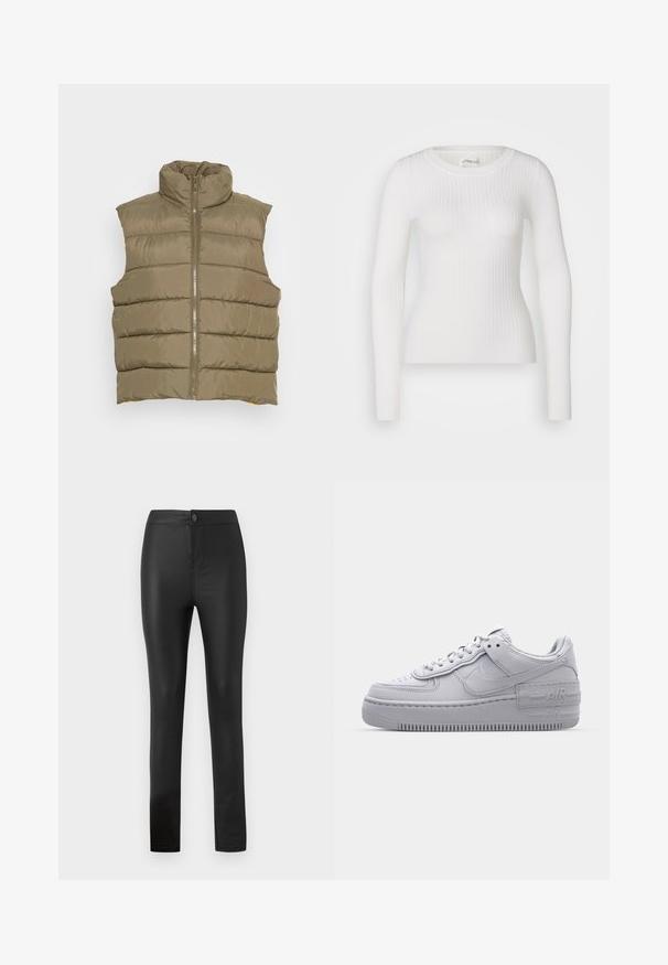 Noisy May NMMARCUS VEST - Bodywarmer - burnt olive; Witte lange mouwen geribbelde top met een ronde hals. De stof is soepel, met een subtiele textuur en een aansluitend ontwerp. Geen zichtbare hardware of patronen.; Zwarte legging gemaakt van rekbaar, glad materiaal met een aansluitend ontwerp, voorzien van een voorknop en ritssluiting, en rechte pijpen.; Grijze Nike Air Force 1 sneaker met geperforeerde neus, glad leren bovenwerk, dikke zool en verhoogde 'AIR' details op de hiel.