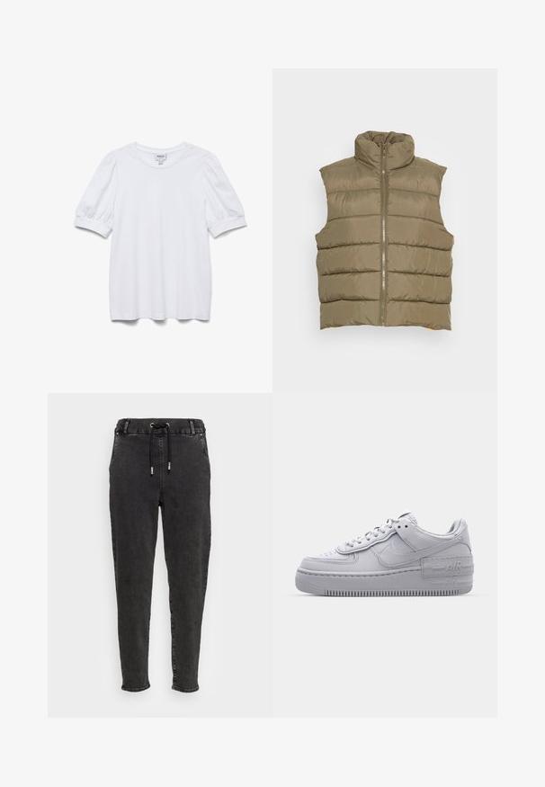 Noisy May NMMARCUS VEST - Chaleco - burnt olive; Top blanco de manga corta con cuello redondo y mangas abullonadas. Hecho de una tela suave, presenta una etiqueta con la frase "AWARE".; Pantalones jogger de denim negro con cinturilla elástica, cierre de cordón, piernas ajustadas y una sutil textura desgastada en la tela.; Zapatilla Nike Air Force 1 gris con puntera perforada, parte superior de cuero suave, suela gruesa y detalle en relieve 'AIR' en el talón.