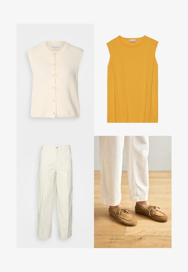 Πλεκτό γιλέκο σε κρεμ απόχρωση, με στρογγυλό γιακά, μπροστινό κλείσιμο με κουμπιά και ραμμένο σχέδιο. Ανεξάρτητο σχεδιασμό χωρίς μανίκια με μαλακό ύφασμα.; Κίτρινο αμάνικο μπλουζάκι από μαλακό βαμβάκι, με στρογγυλή λαιμόκοψη και ίσια γραμμή, με διακριτές ραφές κατά μήκος των άκρων.; Ανοιχτό μπεζ παντελόνι utility με χαλαρή εφαρμογή, κλείσιμο με κουμπί και τσέπες μπροστά. Κατασκευασμένο από ανθεκτικό βαμβακερό ύφασμα.; Καφέ σουέντ μποτ παπούτσια με κορδόνια, με στρογγυλή μύτη και ραφές. Φοριούνται με λευκά παντελόνια κωρντούρας σε ξύλινο περιβάλλον.