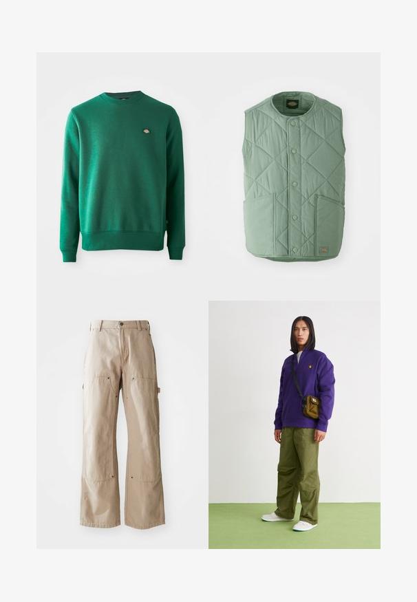 Lys grøn quiltet vest med rund halsudskæring, trykknapper, to forlommer og et mærkelabel nederst til højre.; Grøn sweatshirt i blandet bomuldsstof. Har en ribbet rund halsudskæring, lange ærmer og et lille logo-elt på brystet.; Beige vide bukser lavet af slidstærkt bomuldsstof. Har for- og sidelommer, synlig syning og metaldetaljer ved lommerne.; Jordan AIR JORDAN 1 ZM CMFT 2 - Sneakers high - summit white/bicoastal/oxidized green