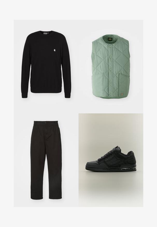 Lys grøn quiltet vest med rund halsudskæring, trykknapper, to forlommer og et mærkelabel nederst til højre.; Carhartt WIP MADISON SWEATER - Sweatshirt - black; Sorte bukser lavet af glat stof, med knaplukning, lige pasform og to frontfolder for ekstra detalje.; Sort Osiris skate sko med tyk sål, mesh- og læderpaneler samt synlig luftpude i hælområdet, vist fra siden.
