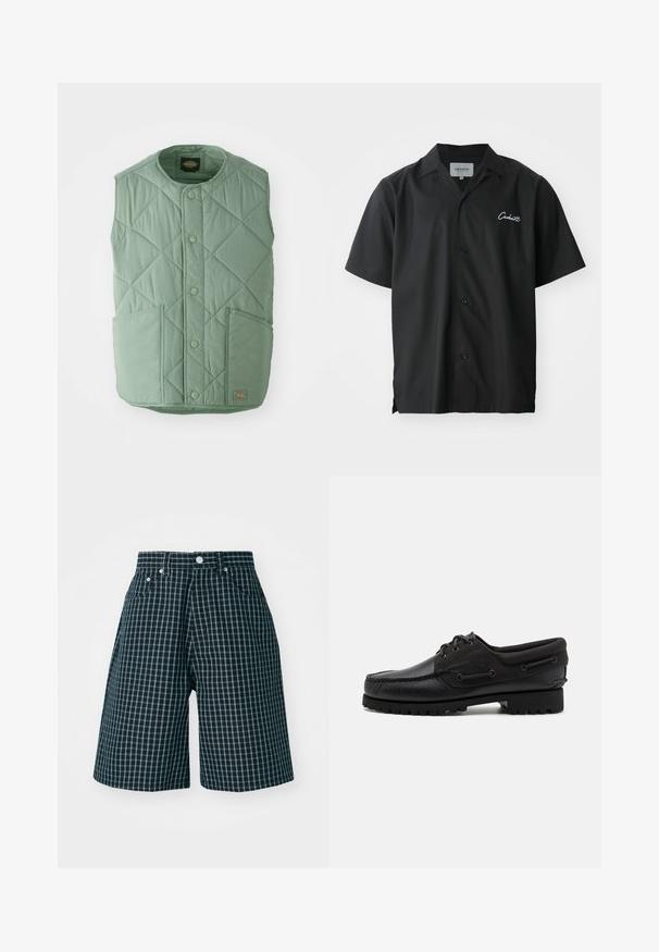 Gilet matelassé vert clair avec un col rond, des boutons-pression, deux poches avant et une étiquette de marque en bas à droite.; Chemise noire à manches courtes avec boutons, dotée d'un col de type camp, comportant un logo brodé blanc sur la poitrine et une coupe décontractée.; Shorts à carreaux en bleu marine foncé avec un motif en grille blanche. Fabriqués en tissu tissé, dotés d'une taille mi-haute et de poches avant.; Chaussure noire avec un dessus en cuir, des accents textiles, des lacets ronds et une semelle en caoutchouc texturé. Présente des coutures mocassins et des détails de marque.