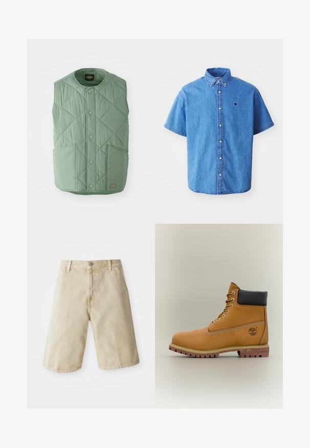 Gilet matelassé vert clair avec un col rond, des boutons-pression, deux poches avant et une étiquette de marque en bas à droite.; Chemise en denim à manches courtes de couleur bleu clair avec un col boutonné, comportant un logo sur la poitrine et des détails de couture visibles.; Shorts en denim beige avec une coupe droite, cinq poches, fermeture à bouton et zip à l'avant, et un léger délavage sur le tissu.; Bottine en cuir marron avec col noir, lacets jaunes et semelle beige. Présente un logo et des détails de couture blanche. Semelle extérieure à traction robuste.