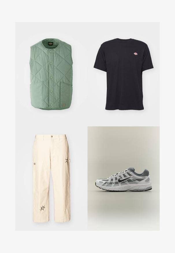 Gilet matelassé vert clair avec un col rond, des boutons-pression, deux poches avant et une étiquette de marque en bas à droite.; T-shirt noir à manches courtes et col rond avec un petit logo Dickies coloré sur la poitrine gauche, sur un fond uni.; Obey Clothing BIG TIMER CARPENTER - Pantalon cargo - clay; Baskets Nike P-6000 blanches et grises avec swoosh noir, panneaux en maille et semelle texturée, montrées en profil latéral sur fond neutre.