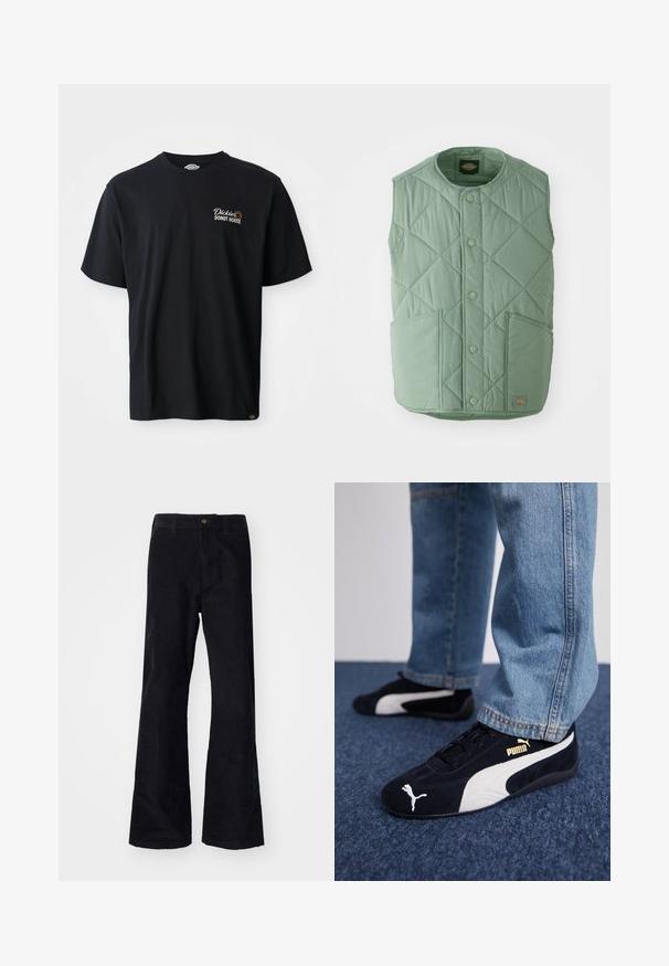 Lys grøn quiltet vest med rund halsudskæring, trykknapper, to forlommer og et mærkelabel nederst til højre.; Sort bomulds t-shirt med korte ærmer. Udstyret med et broderet logo "Dickies Donut House" på venstre brystområde. Klassisk crew neck-design.; Sorte, bomuldsforlængede bukser med en traditionel linning, enkelt forreste knap og lommer på siderne og bagpå. Glat tekstur.; Sorte ruskinds sneakers med hvide detaljer og et guldlogo. Båret med lyseblå denimjeans og sat på en struktureret blå overflade.