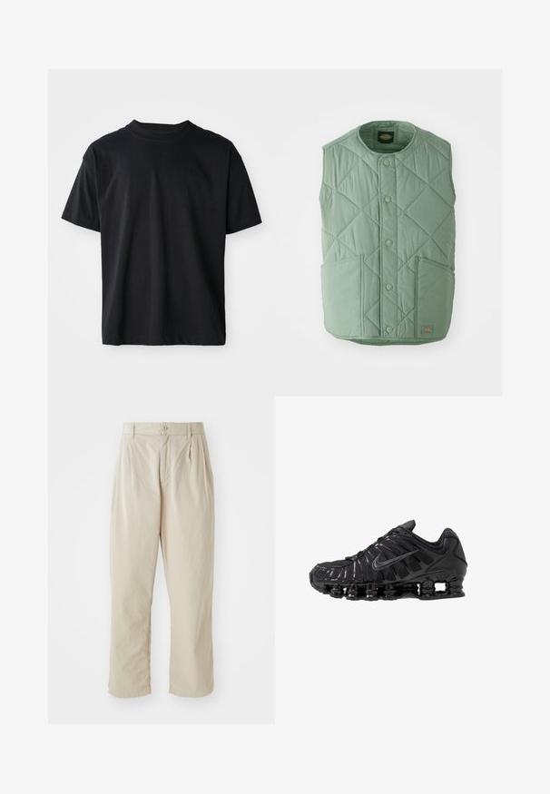 Lys grøn quiltet vest med rund halsudskæring, trykknapper, to forlommer og et mærkelabel nederst til højre.; Sort crew neck T-shirt lavet af bomuld. Korte ærmer, standard pasform, ingen synlige mønstre, minimalistisk design med en diskret logo detalje.; Beige, lette bukser med en afslappet pasform, indsyede folder foran, knaplukning og opbrettede kanter. Glat tekstur, minimalistisk design.; Sorte atletikskoser lavet af mesh og syntetiske materialer, med et karakteristisk bølget design, sort gummisål og reflekterende detaljer.