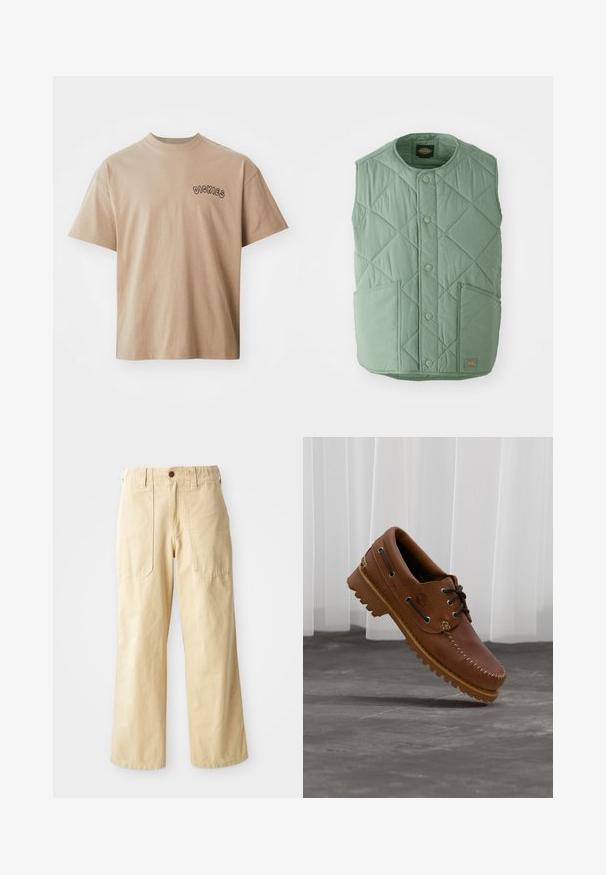 Hellgrüne gesteppte Weste mit rundem Ausschnitt, Druckknöpfen, zwei Fronttaschen und einem Markenlabel unten rechts.; Beige Baumwoll-T-Shirt mit kurzen Ärmeln und Rundhalsausschnitt. Auf der linken Brust befindet sich ein schwarzer "DICKIES"-Aufdruck. Klassische Passform und glatte Textur.; Beige Weitbein-Hosen aus Baumwolle. Sie haben eine hohe Taille, zwei vordere Taschen mit flachem Design und einen einzelnen Knopfverschluss.; Brauner Leder-Bootsschuh mit schwarzen Schnürsenkeln, beigen Nähten und einer robusten Sohle, schwebt über einem grauen Betonboden.
