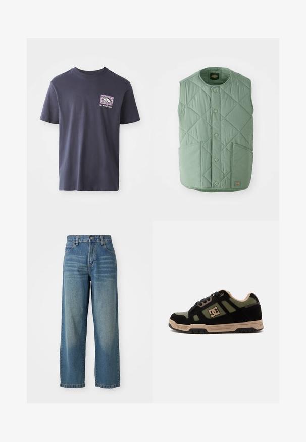 Hellgrüne gesteppte Weste mit rundem Ausschnitt, Druckknöpfen, zwei Fronttaschen und einem Markenlabel unten rechts.; Marineblaue Baumwoll-T-Shirt mit Rundhalsausschnitt und kurzen Ärmeln. Mit einem geometrischen Grafikdruck in Lila und Weiß auf der linken Brust.; Helle blaue Denim-Hose im weit geschnittenen Stil mit hoher Taille, fünf Taschen und einem leicht verwaschenen Finish. Verfügt über einen Knopf- und Reißverschluss.; Low-Top Skate-Schuh in Schwarz und Olivgrün mit beiger Sohle und DC-Logo an der Seite, von der Außenseite betrachtet.