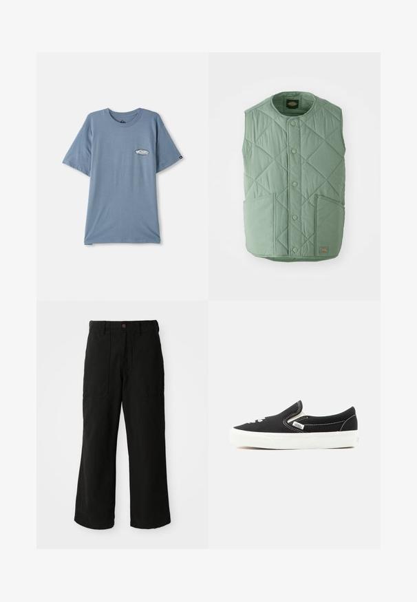 Gilet matelassé vert clair avec un col rond, des boutons-pression, deux poches avant et une étiquette de marque en bas à droite.; T-shirt en coton bleu à manches courtes, col ras du cou et petit logo imprimé sur le côté gauche de la poitrine. Texture douce, coupe décontractée.; Pantalons noirs à large jambe en tissu doux, dotés de poches avant et d'une fermeture à bouton à la taille. Design minimaliste sans motifs visibles.; Baskets à enfiler Vans noires avec semelle en caoutchouc blanche, coutures blanches et accents élastiques sur les côtés, vues de l'extérieur.