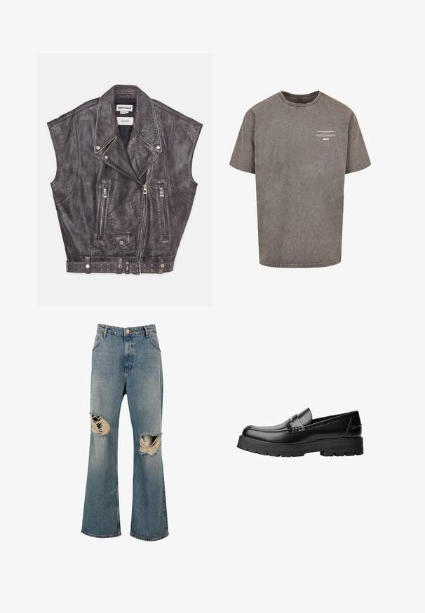 Ærmeløs grå lædervest med en struktureret finish, skrå lynlåslukninger og et nitterbælte i taljen. Bemærkelsesværdig reversdesign.; Grå oversized bomulds T-shirt med rund halsudskæring, korte ærmer, slidte tekstur og hvid trykt tekst på forsiden.; Blå denim-jeans med vide ben og store revnede huller på begge knæ, der viser frynsete kanter og hvide tråde.; Sort læderloafer med kraftig sål og dekorativ rem henover, vist i venstre sideprofil på hvid baggrund.
