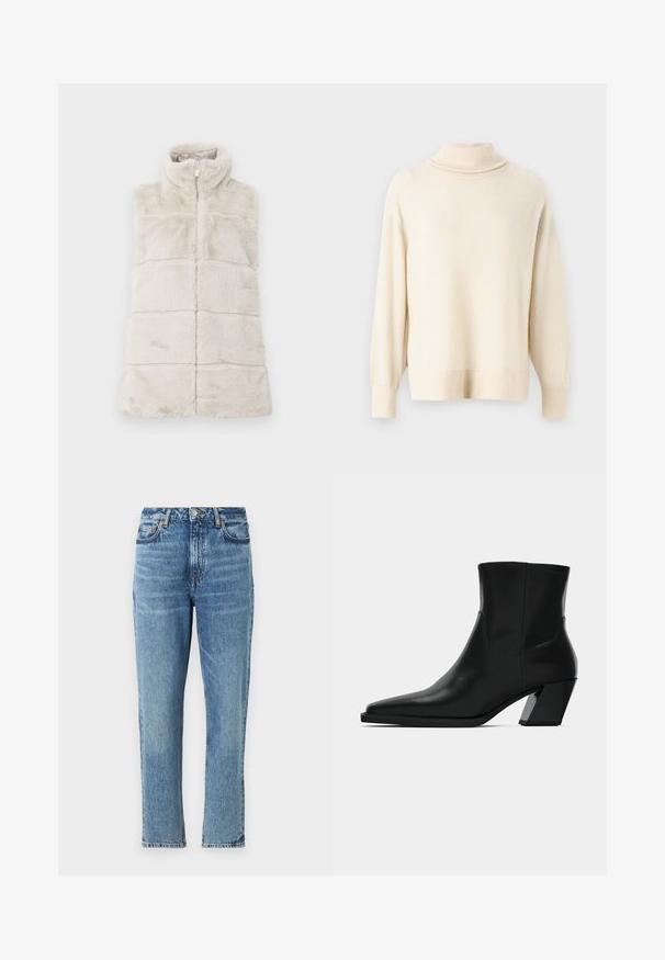 Lys beige faux fur vest med opretstående krave, fuld frontlynlås og vandret sømdetaljer over kroppen for tekstur.; Lys beige turtleneck sweater lavet af blødt stof. Har raglanærmer og ribbet manchetter og kant. Enkel, udekoreret design.; Lyseblå denimjeans med høj talje, lige ben og slidt tekstur. Udstyret med sølvhardware og kontrasterende syninger.; Sortlæder ankelstøvle med spids tå, en slank silhuet og en kraftig firkantet hæl. Glat tekstur med minimale stikninger.