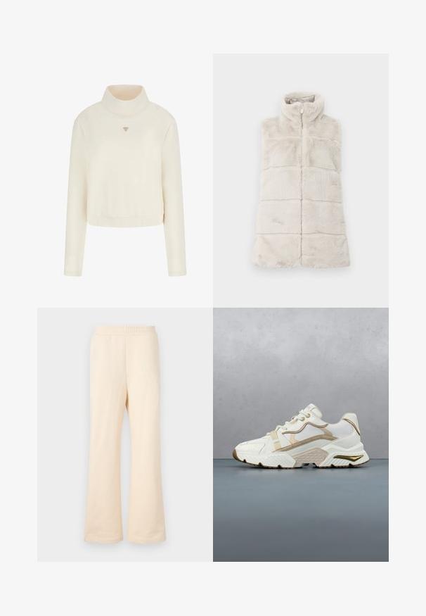 Hellbeige Kunstfellweste mit Stehkragen, durchgehendem Reißverschluss und horizontalen Nahtdetails über den Körper für eine strukturierte Optik.; Guess Sweatshirt - crema; Beige weite Sweatpants aus weicher Baumwolle mit einem elastischen Bund und einem dezenten gestickten Logo auf der linken Vorderseite.; Weißer und beiger Sportschuh mit Schnürverschluss, strukturierter Sohle und mehrlagigen Designelementen vor neutralem Hintergrund.
