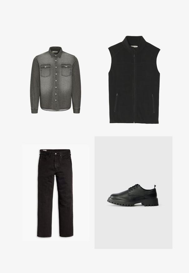 Sort fleecevest med høj krave, frontlynlås og to lynlåslommer i siden; har en glat tekstur og tætsiddende design.; Grå denimskjorte med button-down krave, lange ærmer, to brystlommer og sølvhardware detaljer. Aftagende gradient design.; Sorte lige bukser i denim med fem lommer, knaplukning og bæltestropper, lagt fladt ud på en hvid baggrund.; Sorte læder snøresko med rund tå, tekstureret overflade og kraftig gummisål med dybe riller for bedre greb.