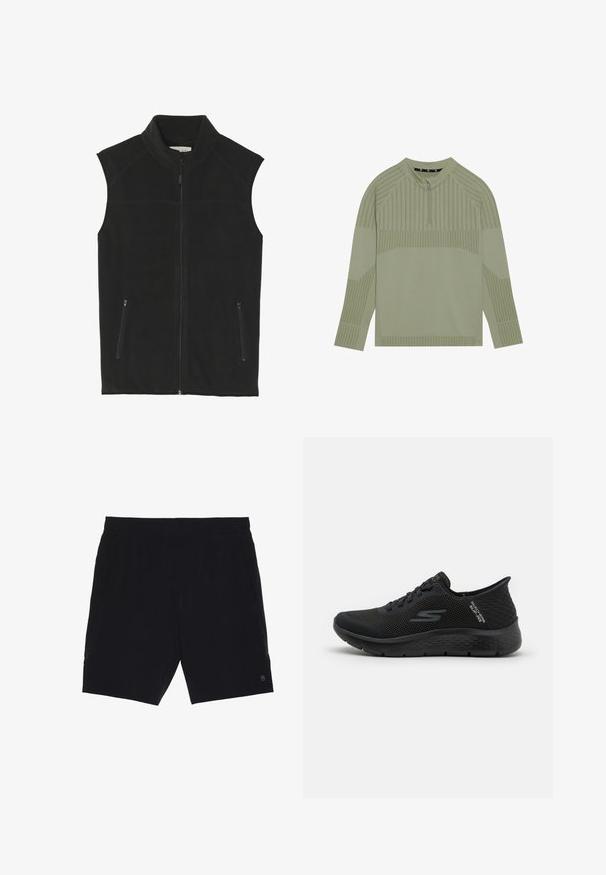 Gilet polaire noir avec col montant, fermeture éclair à l'avant et deux poches latérales zippées ; doté d'une texture lisse et d'une coupe ajustée.; Haut à manches longues vert clair avec un col zippé quart, présentant une texture côtelée et des motifs rayés sur les manches et le corps.; Shorts noirs en tissu léger, avec une taille élastique, deux poches latérales et un petit logo en bas à droite.; Chaussure de sport noire avec une tige en mesh respirant, des accents texturés et une semelle rembourrée. Présente un bout rond et un système de laçage.