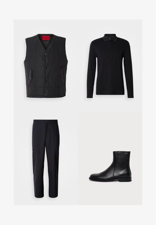 Chaleco acolchado negro con diseño de escote en V, que presenta botones a presión, dos bolsillos laterales y una etiqueta roja en contraste en el interior. Tejido texturizado.; Polo negro de manga larga hecho de tela suave. Cuenta con un cuello, una tapeta con tres botones y un sutil logo en el pecho.; Pantalones oscuros de navy, confeccionados en un tejido suave, con un diseño de pierna recta, dos bolsillos laterales y un cierre de botón en la cintura.; Botín negro de cuero con tacón bajo, costura lateral y pequeño logo "HUGO" en el puño superior sobre un fondo liso.