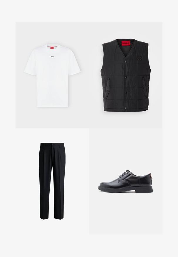 Chaleco acolchado negro con diseño de escote en V, que presenta botones a presión, dos bolsillos laterales y una etiqueta roja en contraste en el interior. Tejido texturizado.; Camiseta blanca de manga corta con pequeño logo negro "HUGO" centrado en el pecho y una etiqueta roja dentro del cuello.; Pantalones negros de tela suave, con un diseño de pierna recta, pliegues en la parte delantera y cierre de botón con trabillas para cinturón.; Zapatos de piel negra con cordones, textura lisa, puntera redondeada y detalles sutiles de costura. Cuentan con una lengüeta roja en el talón.