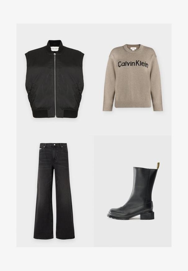 Sort ærmeløs jakke i et glat stof med høj hals, lynlås foran, samt ribbet kant og armåbninger. Inkluderer to sidelommer.; Beige strikket langærmet sweater med ribstrikkede manchetter og kant, med "Calvin Klein"-logo i sort over brystet.; Sorte denim-jeans med vidde ben, lukkes foran med knap og lynlås, bæltestropper og fem-lomme-design.; Sort læder ankelstøvle med blokhæl, glat tekstur, rund tå og en hælflap med gul branding.