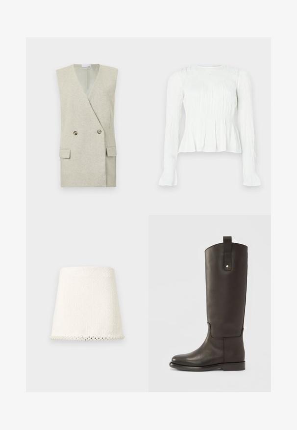 Veste sans manches gris clair avec un col cranté, boutonnière croisée, deux poches avant et une finition texturée.; Blouse blanche à manches longues avec des détails de tissu froncé, un corsage smocké et des poignets évasés sur un fond uni.; Mini-jupe blanche texturée à coupe droite, avec une bordure perlée le long de l'ourlet inférieur.; Bottes hautes en cuir marron foncé avec une finition lisse, un bout arrondi et un accent marron contrastant. Comprend une sangle latérale avec un bouton-pression en métal.