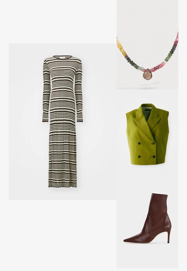Blazer sans manches double boutonnage en olive avec revers en pointe et quatre boutons noirs sur un fond blanc.; Robe longue à manches longues, ornée d'un motif rayé en marron foncé et crème. Fabriquée en tissu texturé et plissé.; Bottine en cuir marron foncé à bout pointu et talon haut fin sur un fond clair uni.; Collier de perles facettées multicolores avec un grand pendentif marron en forme de goutte au centre sur un fond clair.