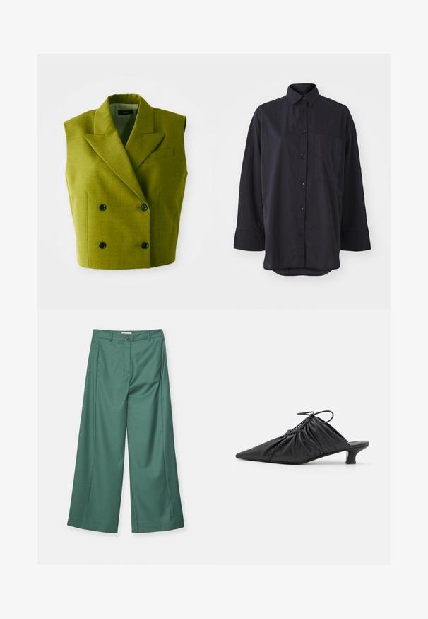 Sømløs dobbeltbrystet olivengrøn blazer med spidse lapeller og fire sorte knapper på hvid baggrund.; Sort skjorte med knaplukning af blødt stof, der har en klassisk krave, lange ærmer, en brystlomme og en bueformet kant.; Bredde ben bukser i en teal farve, lavet af et glat stof. Har en frontknaplukning og to sidelommer.; Sorte læder slip-on mules med spids tå, samlet tekstur og en lille kitten heel. Har en snor-detalje ved åbningen.
