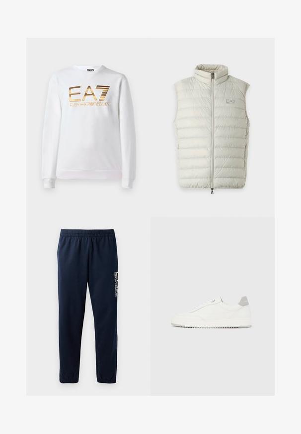 Svetlosivá bezrukávová prešívaná vesta so zipsom vpredu a stojacím golierom, s logom EA7 Emporio Armani na ľavej strane hrude.; Biela mikina vyrobená z bavlny s dlhými rukávmi a okrúhlym výstrihom. Na prednej strane sa nachádza kovovo zlaté logo "EA7 EMPORIO ARMANI".; Námornícky modré tepláky s elastickým pásom, zužujúcimi sa nohavicami a bielym logom na boku. Hladká látka s ľahkou textúrou.; Biela nízka teniska so sivým pätovým pásikom, bielymi šnúrkami a členitou podrážkou, zobrazená na jednoduchom svetlom pozadí.
