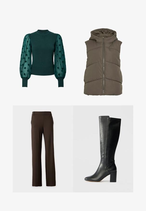 Veste matelassée rembourrée de couleur vert olive foncé avec capuche. Comprend des panneaux matelassés horizontaux et une fermeture zippée à l'avant. Texture douce et lisse.; Pull vert côtelé avec un col montant et des manches bouffantes transparentes ornées de pois noirs. Un ourlet ajusté et des poignets complètent le design.; Pantalon marron foncé droit avec passants de ceinture, poches latérales et un design avant épuré sur un fond clair uni.; Bottine noire montée au genou, fabriquée en cuir lisse, dotée d'un bout pointu et d'un talon carré épais. Design simple avec des détails de couture minimaux.