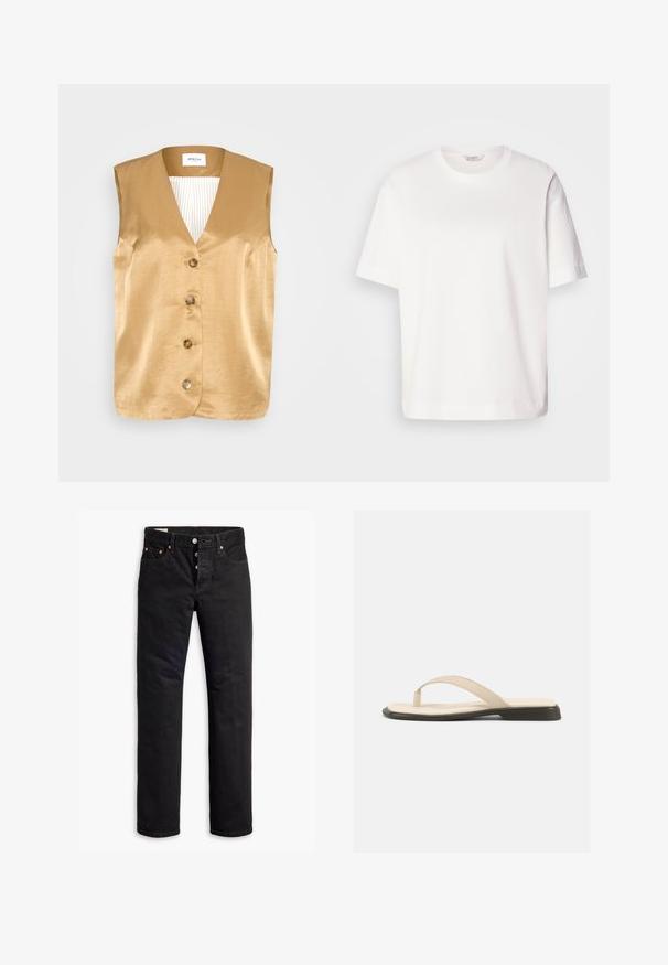MSCH Copenhagen CHULLA WAISTCOAT - Vest - cartouche; Hvid bomulds t-shirt med korte ærmer, rund halsudskæring, afslappet pasform og glat tekstur; ingen mønstre eller synligt hardware.; Sorte denimjeans med lige pasform, fem lomme-design og knaplukning. Har kobbernitter og syningsdetaljer.; Beige flad thongsandal med polstret fodseng og sort sål, vist fra siden på hvid baggrund.