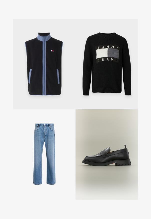 Schwarze Fleece-Weste mit hohem Kragen, die hellblaue Akzente und Taschen aufweist, mit einem durchgehenden Reißverschluss und einem kleinen Logo auf der Brust.; Schwarzer Strickpullover mit rundem Ausschnitt, ausgestattet mit einem zentralen Logo in weißen und grauen rechteckigen Blöcken sowie gerippten Bündchen und Saum.; Helle blaue Jeans im Geradeschnitt-Design, mit fünf Taschen, Knopfverschluss, minimaler Ausbleichung und kontrastierenden Nähdetails.; Schwarzer Lederloafer mit strukturiertem Riemendetail, dicker Sohle, Zuglasche an der Ferse und dezenter farbiger Streifen an der Sohlenseite.